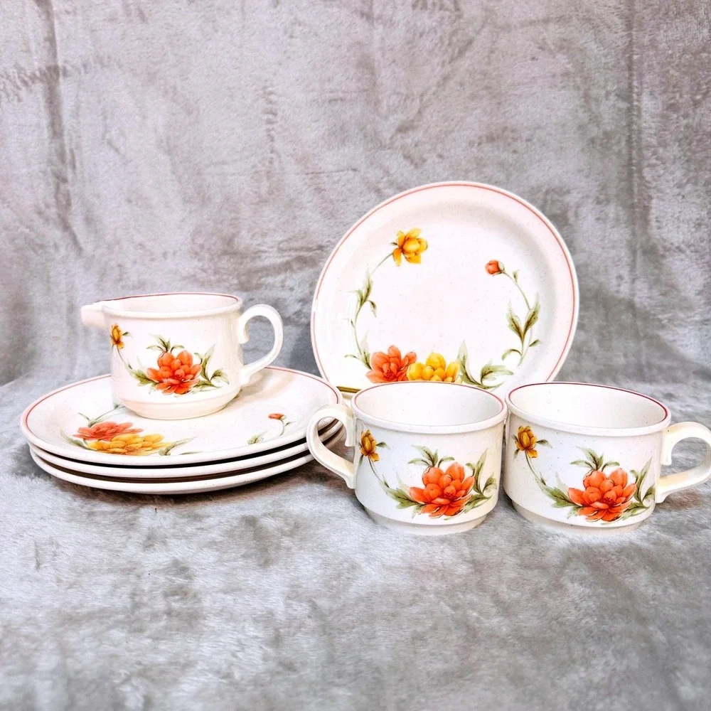 Noritake Roanoke‎ Floral Stoneware Creamer Dessert Set Vintage Japan Orange 70's